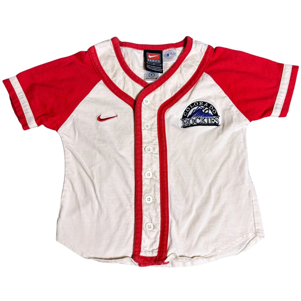 Vtg Nike Colorado Rockies Toddler Baseball Jersey Cream Red Size 4 Button Up MLB